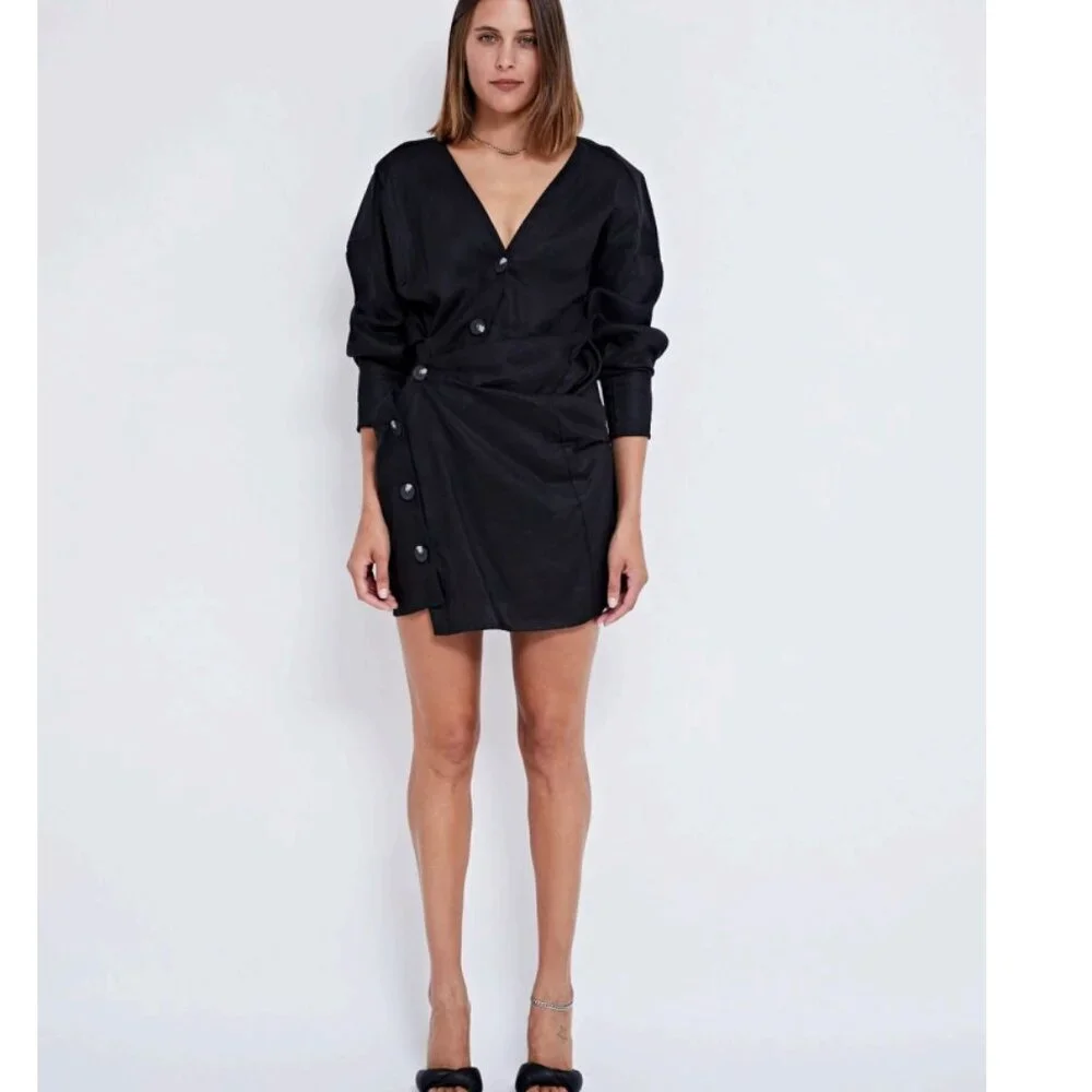 Pfeiffer LOVERS LINEN ASYMMETRICAL TWIST DRESS  BLACK Size Large NWT